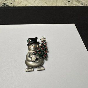Rhinestone & Enamel Snowman Pewter Silver Tone Christmas Brooch Pin NWOT